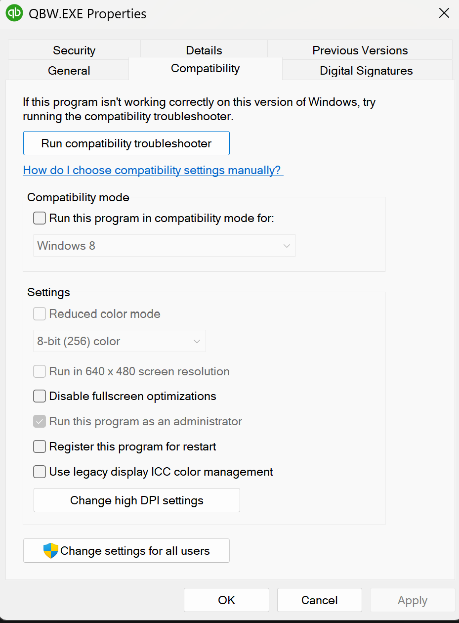 The Compatibility tab in QBWebConnector.exe properties